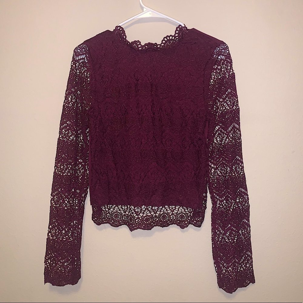 Miss Chievous Wine Long Sleeve Lace Detail Blouse